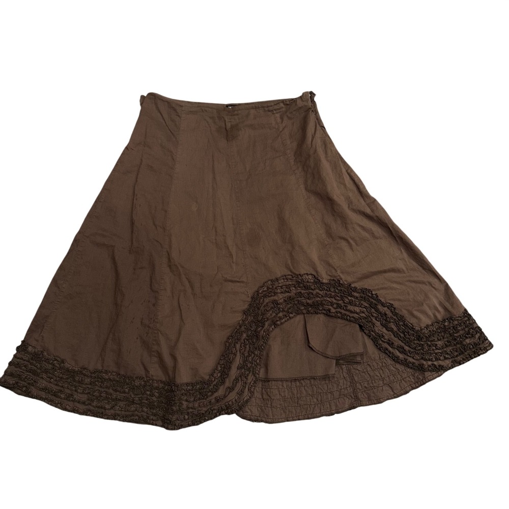 Miss Chievous Brown Cotton Ruffle Hem Midi Skirt Asymmetrical Boho Size 7